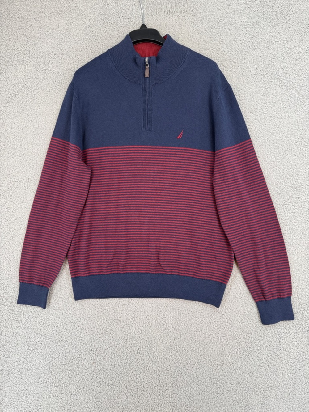 Nautica NavTech Mens Large quarter Zip Striped long sleeve Sweater Navy Burgundy